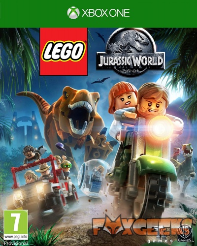 Capa do jogo LEGO Jurassic World para Xbox One com personagens LEGO, dinossauro T-Rex e veículo em selva