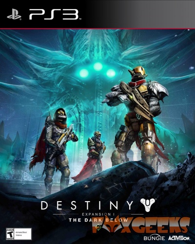 Capa de jogo PS3 DESTINY EXPANSION I THE DARK BELOW com personagens em armaduras futuristas e figura luminosa ao fundo