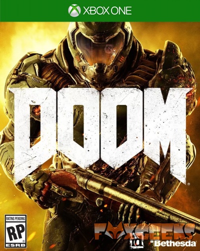Capa do jogo DOOM para Xbox One com soldado futurista armado e título em branco