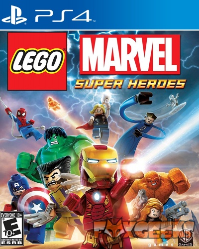 Capa de jogo PS4 LEGO Marvel Super Heroes com personagens LEGO de super-heróis e fundo de nuvens