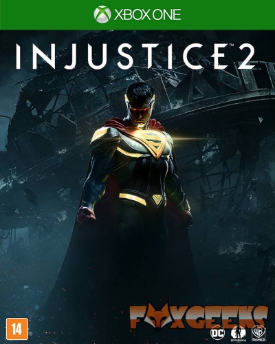 Capa do jogo Xbox One Injustice 2 com Superman em armadura preta e dourada, fundo escuro e selo 14
