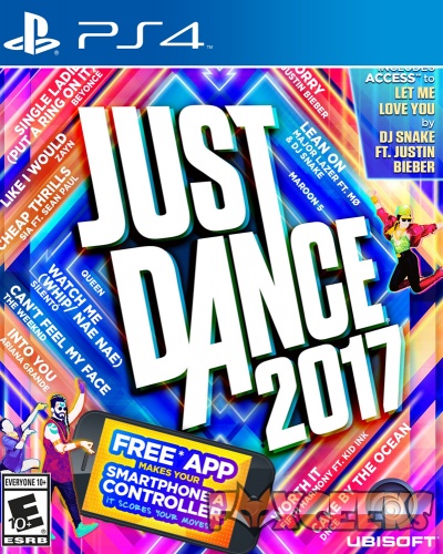 Capa colorida do jogo PS4 Just Dance 2017 com títulos de músicas e logótipos
