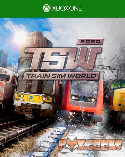 Capa do jogo Train Sim World 2020 para Xbox One com três comboios sobre carris em cenário urbano