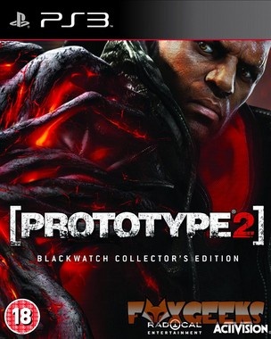 Capa do jogo PS3 Prototype 2 Blackwatch Collector's Edition com personagem e logos