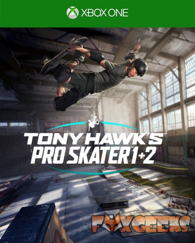 Capa do jogo Xbox One Tony Hawk's Pro Skater 1+2 com skatista em manobra num parque de skate interior