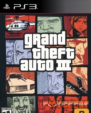 Capa do jogo PS3 Grand Theft Auto III com várias ilustrações coloridas em blocos.