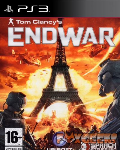 Capa do jogo PS3 Tom Clancy's EndWar com Torre Eiffel em chamas e soldados