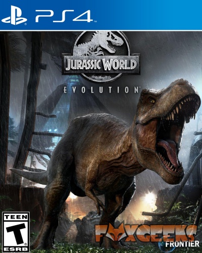 Capa do jogo PS4 Jurassic World Evolution com dinossauro T-Rex rugindo numa floresta