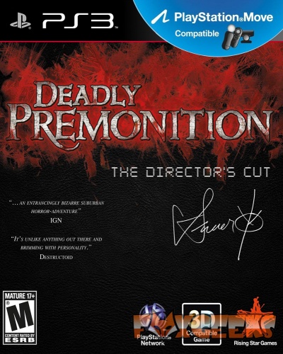 Capa do jogo Deadly Premonition The Director's Cut para PS3 com fundo vermelho e preto