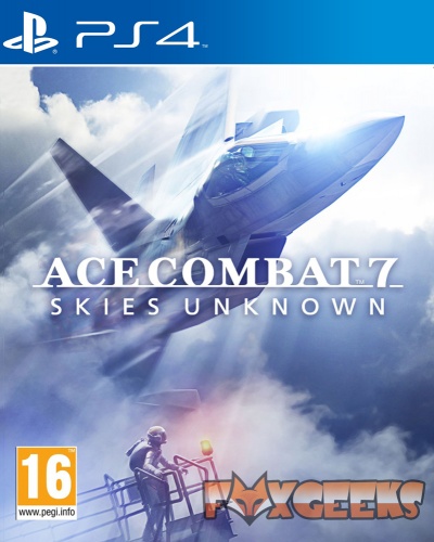 Capa do jogo PS4 Ace Combat 7 com avião de combate no céu e classificação PEGI 16