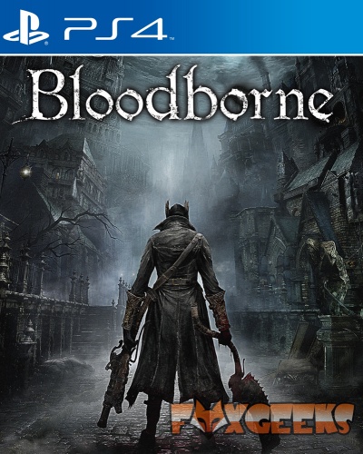 Capa do jogo PS4 Bloodborne com um caçador num cenário sombrio gótico