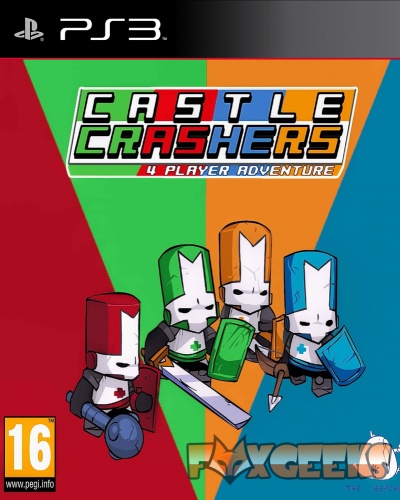Capa do jogo Castle Crashers para PS3 com quatro personagens coloridos e selo PEGI 16