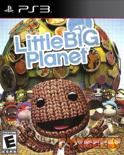 Capa do videojogo LittleBigPlanet para PS3 com personagem principal feita de tecido castanho e fundo colorido.