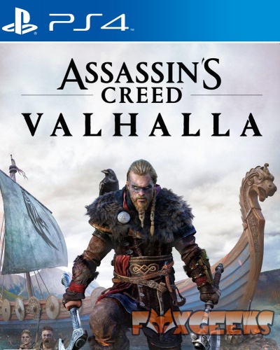 Capa do jogo Assassin's Creed Valhalla para PS4 com guerreiro viking e navios antigos no fundo