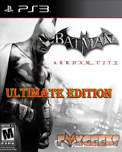 Capa do jogo Batman Arkham City Ultimate Edition para PS3 com imagem do Batman e logos