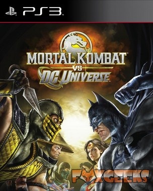 Capa do jogo PS3 Mortal Kombat vs DC Universe com personagens em fundo escuro