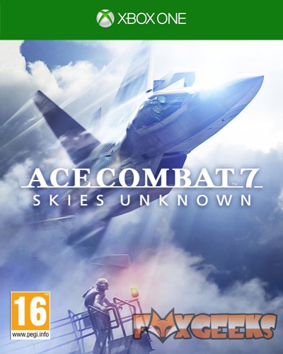 Capa do jogo Xbox One ACE COMBAT 7 SKIES UNKNOWN com avião de combate no céu e pessoa em estrutura metálica