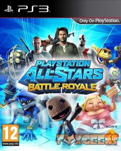 Capa do jogo PlayStation All-Stars Battle Royale para PS3 com personagens de videojogos num fundo azul.