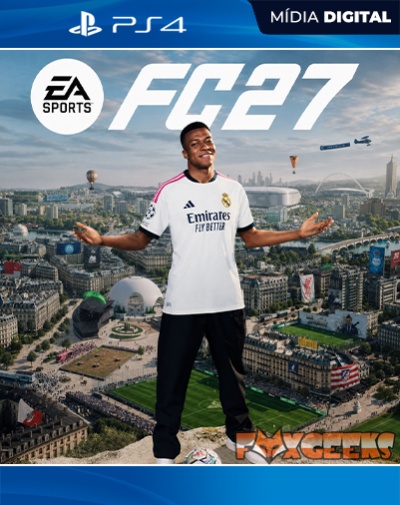 Capa do jogo digital FC27 para PS4 com jogador de futebol e logotipos EA SPORTS e FOXGEEKS