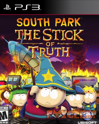 Capa do jogo South Park The Stick of Truth para PS3 com personagens animados e cenário de fogo