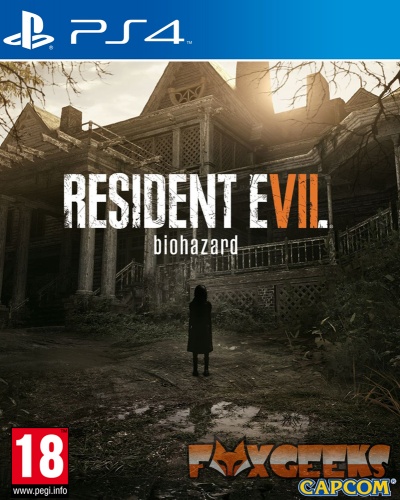 Capa do jogo PS4 Resident Evil biohazard com classificação 18, figura diante de casa abandonada