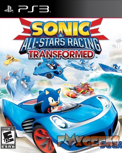 Capa de jogo PS3 Sonic & All-Stars Racing Transformed com Sonic em carro azul