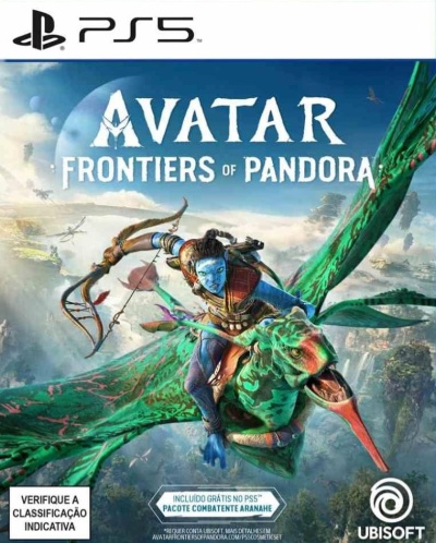 Capa do jogo PS5 Avatar Frontiers of Pandora com personagem azul a voar num animal verde e texto de classificação e oferta