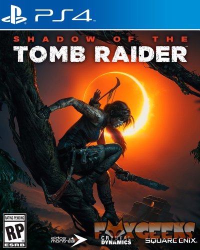 Capa do jogo PS4 Shadow of the Tomb Raider com personagem feminina numa árvore e eclipse solar ao fundo