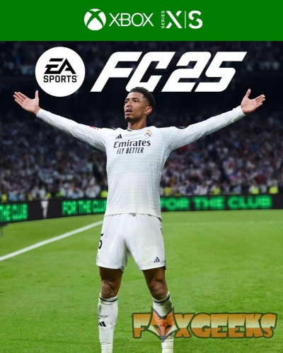 Jogador de futebol do Real Madrid em pose no campo, anúncio do EA Sports FC 25 para Xbox Series X|S