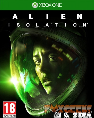 Capa do jogo Alien Isolation para Xbox One com capacete espacial e rosto feminino no visor, texto de título e logos