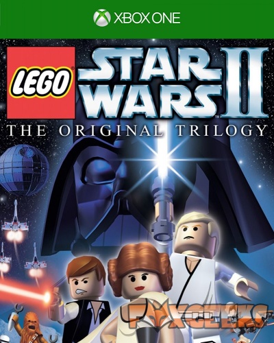 Capa do videojogo LEGO Star Wars II The Original Trilogy para Xbox One com personagens LEGO e fundo espacial