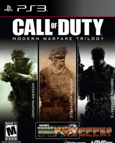 Capa do jogo Call of Duty Modern Warfare Trilogy para PS3 com soldados e texto