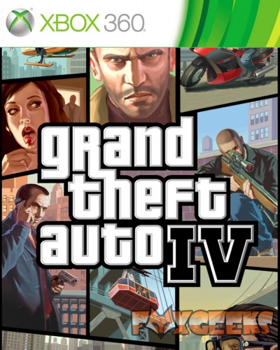 Capa do jogo Grand Theft Auto IV para Xbox 360 com várias ilustrações de personagens