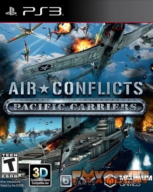 Capa do jogo AIR CONFLICTS PACIFIC CARRIERS para PS3 com aviões militares e navios em combate