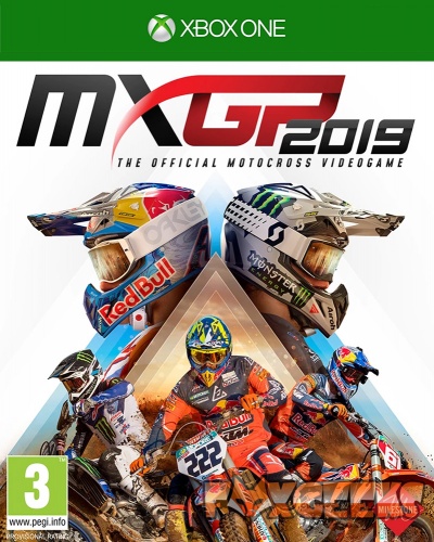 Capa do videojogo MXGP 2019 para XBOX ONE com motociclistas e capacetes de motocross