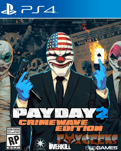 Capa do jogo PS4 PAYDAY 2 CRIMEWAVE EDITION com três personagens mascarados e informações do jogo.