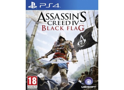 Capa do jogo Assassin's Creed IV Black Flag para PS4 com personagem pirata e bandeira preta