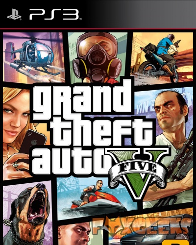 Capa do jogo PlayStation 3 Grand Theft Auto V com várias imagens em quadrados e texto grande