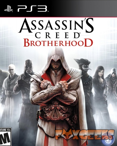 Capa do jogo Assassin's Creed Brotherhood para PS3 com personagens e texto