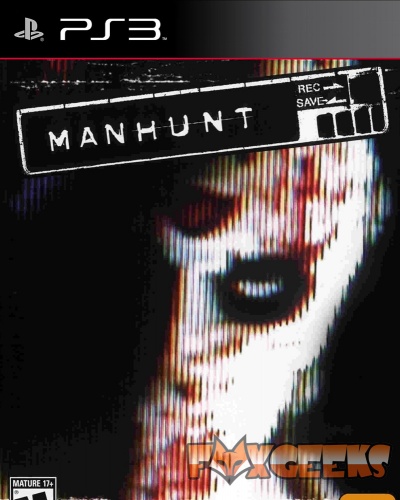 Capa do jogo Manhunt para PS3 com rosto distorcido e texto no estilo de clapperboard.