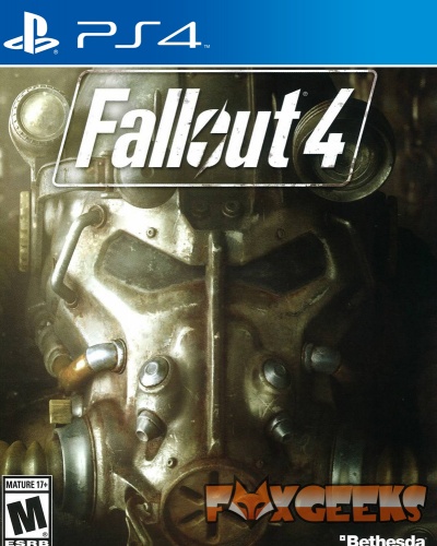Caixa do jogo PS4 Fallout 4 com capa de capacete metálico industrial e logos