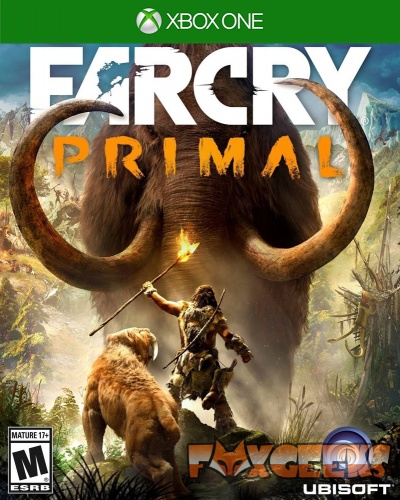 Capa do jogo Xbox One FAR CRY PRIMAL com homem e animal pré-histórico e mamute.