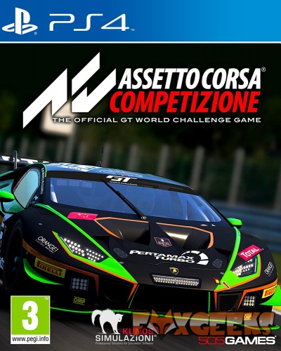 Capa do jogo Assetto Corsa Competizione para PS4 com carro de corrida preto e verde