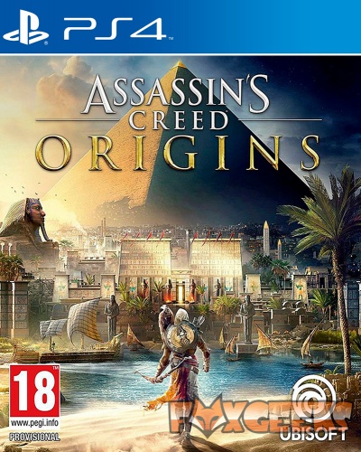 Capa do videojogo ASSASSIN'S CREED ORIGINS para PS4 com cenário de pirâmides e personagem a caminhar