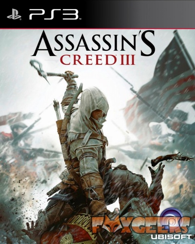Capa do jogo Assassin's Creed III para PS3 com personagem e bandeiras americanas