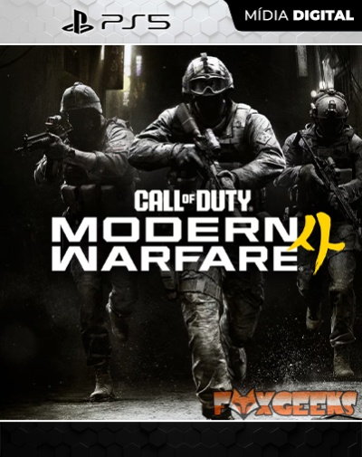 Capa digital do jogo Call of Duty Modern Warfare 4 para PS5 com soldados armados.