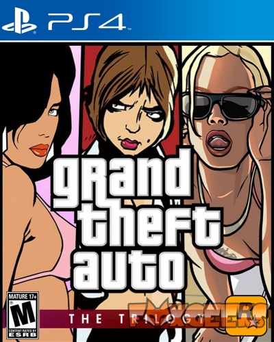 Capa do jogo PS4 Grand Theft Auto The Trilogy com três personagens femininas em arte gráfica