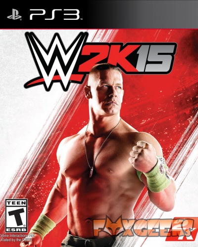 Capa do jogo WWE 2K15 PS3 com lutador musculoso e logótipo colorido