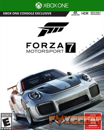 Capa do jogo Forza Motorsport 7 para Xbox One com carro desportivo cinza e texto do título e marcas Xbox