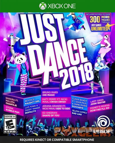Capa do jogo Just Dance 2018 para Xbox One com personagens coloridas a dançar e texto com nomes de artistas.